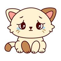Cute cartoon cat with a cream colored body and brown markings. The cat has big, crying eyes and a sad expression on her face and sits up straight. Kawaii pet. vector
