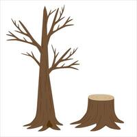 Minimalistic set featuring a bare tree and a stump with smooth surface and visible rings. Natural tones and clean lines perfect for storytelling, seasonal themes, and rustic design projects. vector