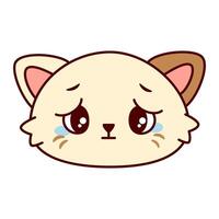 A cute cartoon cat face with big eyes and a sad expression. The cat has a cream-colored fur with brown patches on its ears. vector