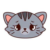 Cute cartoon cat head is gray fur with dark stripes. The cat has large, expressive eyes and a sad expression on his face. Kawaii pet vector