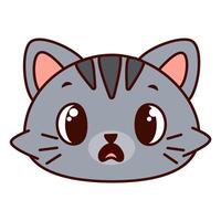 Cute cartoon cat head with gray fur with dark stripes. The cat has big, expressive eyes and a surprised expression on its face. Kawaii pet vector