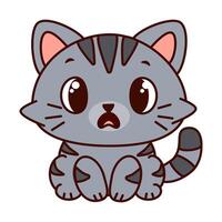 Cute cartoon cat with a gray body and dark stripes. The cat has big, expressive eyes and a surprised expression on its face, and sits up straight. Kawaii pet vector