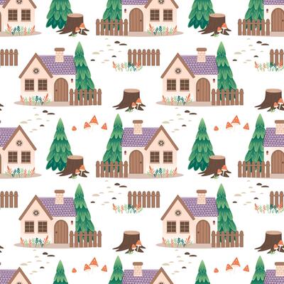 A whimsical pattern featuring small houses, trees and stumps with mushrooms. Houses with purple roofs, fences and white walls are surrounded by green trees and minimalist mushrooms.