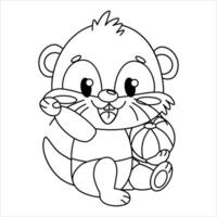 Cute cartoon character otter with big eyes and playful expression. Otter is sitting with a beach ball, waving his hand showing his round body and small paws. vector