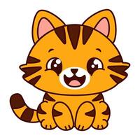 Cute cartoonish ginger cat with brown stripes. The cat has big, expressive eyes and a playful expression and sits up straight. Kawaii pet vector
