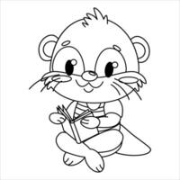 Cute cartoon character otter with big eyes and playful expression. The otter is sitting and reading a book, has a striped t-shirt, round body and small paws. vector
