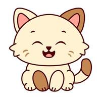 Cute cartoon cat with a cream colored body and brown markings. The cat has a playful expression on his face and sits upright with his eyes covered. Kawaii pet vector