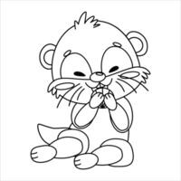 Cute cartoon character otter with big eyes and playful expression. The otter sits and holds a shell in his paws, he has a round body and small paws. vector