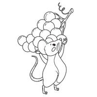 A cartoon mouse is carrying a large bunch of grapes. The mouse has a round body, small ears and a long tail. The grapes are large and clustered in bunches. For designs and children's coloring vector