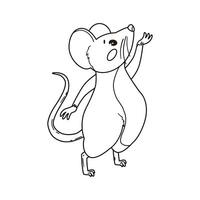 The cartoon mouse stands on his toes and stretches his legs. The mouse has a round body, small ears and a long tail. For drawings and children's coloring vector