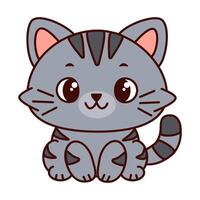 Cute cartoon cat with a gray body and dark stripes. The cat has big, expressive eyes and a playful expression and sits up straight. Kawaii pet vector