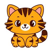 Cute cartoon cat with red fur and brown stripes. The cat has big, expressive eyes and a playful expression and sits up straight. Kawaii pet vector