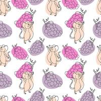 A playful pattern featuring cartoon mice holding clusters of grapes in various shades of purple and pink. The background is white, creating a cheerful and whimsical design. vector