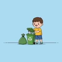 Cute little boy taking out the trash in garbage bag into recycling bin vector