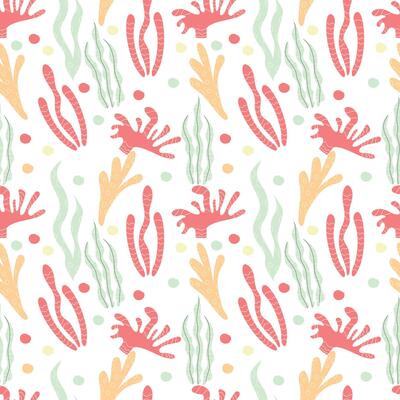 Hand-drawn seaweeds and coral on a white background. Seamless pattern underwater for clothing, fabric, wallpaper, backdrop, home decoration, cover book, and wall art.