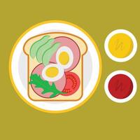 A sandwich of ham, egg, avocado, arugula leaves and tomato with chili sauce and mustard sauce. vector