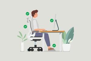 Man sitting properly at desk and working with a computer vector