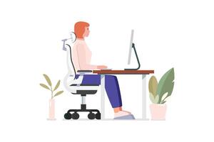 Workspace of Woman sitting at desk and working with a computer vector