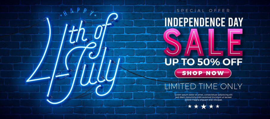 4th of July Independence Day Sale Banner Design with Glowing Neon Light Typography Lettering on Vintage Brick Wall Background. Fourth of July USA National Holiday Illustration with Special Offer