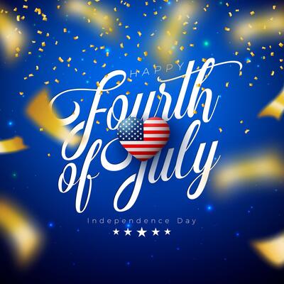 Independence Day Fourth of July Banner Design with American Flag Pattern Heart and Falling Gold Confetti on Blue Background. 4th of July USA National Holiday Illustration with Typography