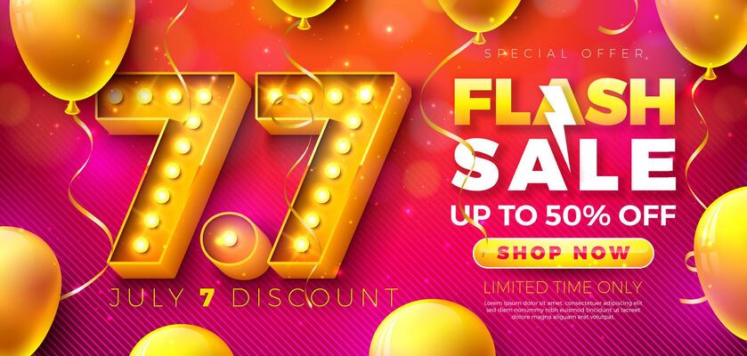 7 July Shopping Day Summer Flash Sale Design with 3d 7.7 Light Bulb Billboard Number and Party Balloon on Red Background. Summer Special Offer 50 Percent Off Campaign Discount Illustration for Coupon