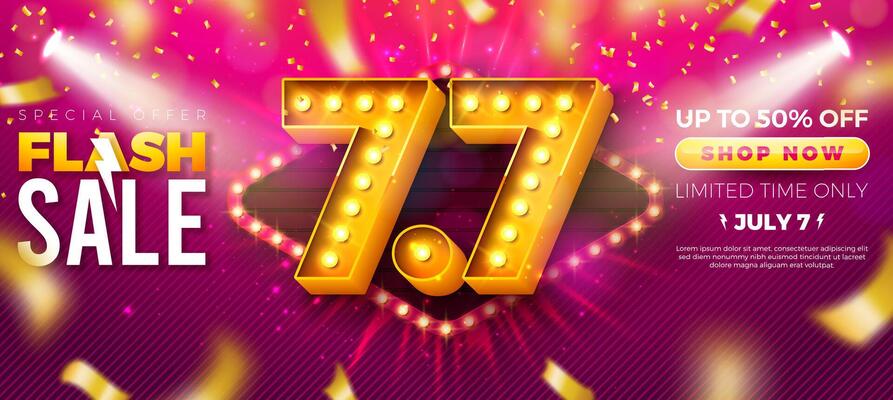 7 July Shopping Day Summer Flash Sale Design with 3d 7.7 Number, Light Bulb Billboard and Stage Podium on Red Background. Special Offer 50 Percent Off Campaign Discount Illustration for Coupon