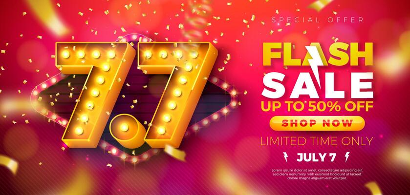 7 July Shopping Day Flash Sale Banner Design with 3d 7.7 Number, Light Bulb Billboard and Stage Podium on Red Background. Summer Special Offer 50 Percent Off Campaign Discount Illustration for Coupon