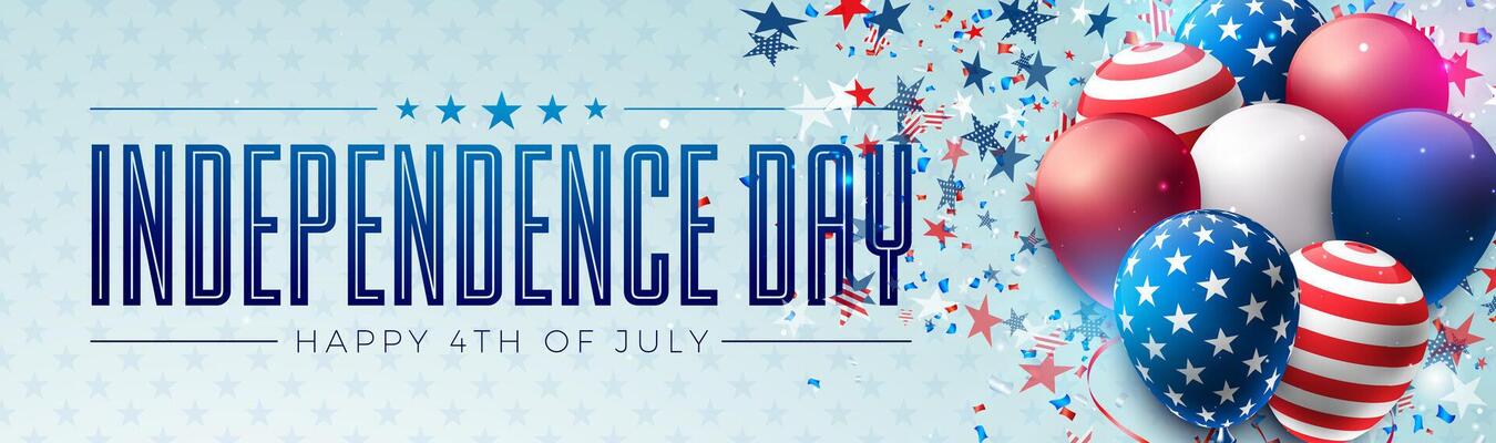 Fourth of July Independence Day Sale Banner Design with American Flag Pattern Party Balloon on Light Blue Background. 4th of July USA National Holiday Illustration with Typography Elements for