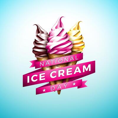 National Ice Cream Day Illustration with Classic Taste Sundaes and Typography Lettering in Ribbon on Light Blue Background. Summer July Celebration Illustration with Text Label for Postcard