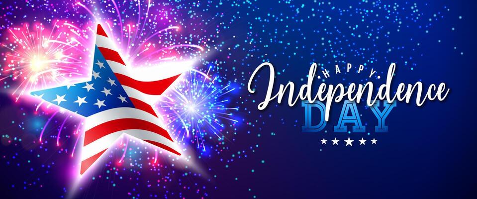 4th of July Independence Day of the USA Banner Illustration with American Flag in Star Symbol and Shiny Fireworks on Night Sky Background. Fourth of July National Celebration Design with