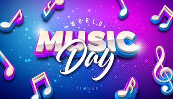 World Music Day Banner Illustration with 3d Musical Notes and Typography Letter on Fluorescent Background. International June 21 Festival Design Template for Web Banner, Post Card, Greeting vector