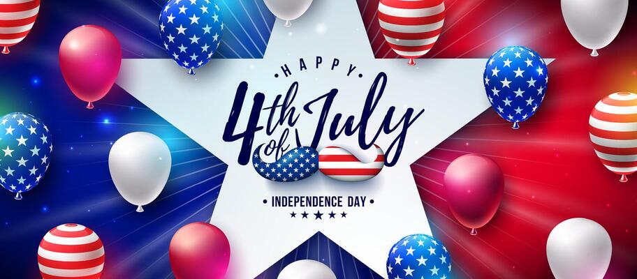4th of July Independence Day of the USA Banner Illustration with American Flag Pattern Mustache and Star, Party Balloon on Dark Blue Background. Fourth of July National Celebration Design with