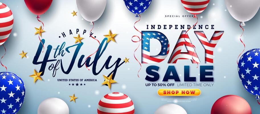 Fourth of July Independence Day Sale Banner Illustration with American Flag Pattern Falling Stars and Typography Lettering on Blue Background. 4th of July USA National Holiday Design