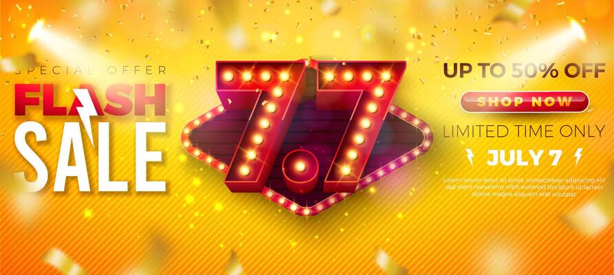 7 July Shopping Day Flash Sale Promotional Design with 3d 7.7 Number, Light Bulb Billboard and Typography Lettering on Yellow Background. Summer Special Offer 50 Percent Off Campaign Discount