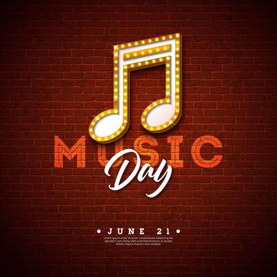 World Music Day Flyer Illustration with Light Bulb Signboard Musical Notes and Typography Letter on Vintage Brick Wall Background. International June 21 Festival Design Template for Post Card