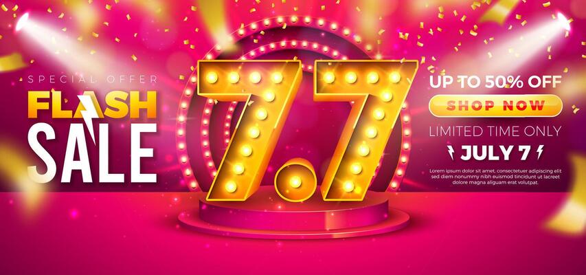 7 July Shopping Day Flash Sale Banner Illustration with 3d 7.7 Number, Light Bulb Billboard and Stage Podium on Red Background. Summer Special Offer 50 Percent Off Campaign Discount Design for Coupon