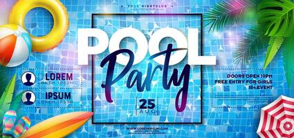 Summer Pool Party Flyer Design with Tropical Palm Leaves and Beach Elements on Water Background. Summer Holiday Illustration with Typography Lettering and Flower for Web Banner, Flyer vector