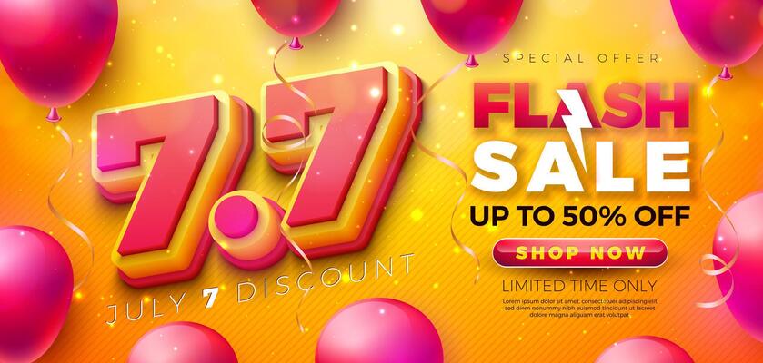 Shopping Day 7 July Flash Sale Design with 3d 7.7 Multilayer Number and Party Balloon on Yellow Background. Summer Special Offer 50 Percent Off Campaign Discount Illustration for Coupon