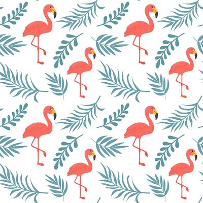 Seamless pattern, flamingo and tropical leaves. For summer decoration and textile design.