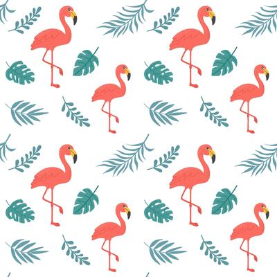 Seamless pattern, background with pink flamingo and blue leaves. For summer textiles and tropical themed designs.