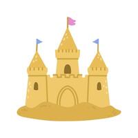Sandcastle with three towers and small flags on top. Fun beach rest. For summer vacation themes, kids activities, and seaside designs. vector
