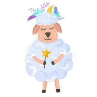 Sheep with stars, moon, magic wand and feathers on head. For kids products, bedtime themes, storybook designs. vector