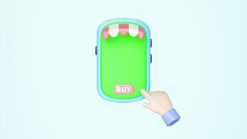 3D businessman using mobile phone with store front isolated on blue background. Ideal for online shopping concepts. Minimal and modern design. cartoon style video