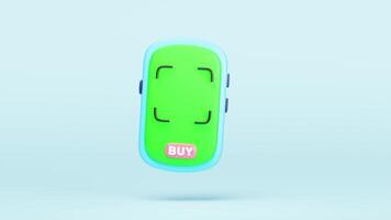 3d smartphone with qr code scanner, buy button, coins isolated on blue background. cashless payment, online shopping concept, cartoon style video