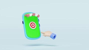 3D businessman using mobile phone with store front for targeting isolated on blue background. Ideal for online shopping concepts. Minimal and modern design. cartoon style video