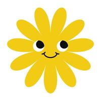 Whimsical flower with happy eyes and playful expression. Iconic emoji blend of cartoon and floral art vector