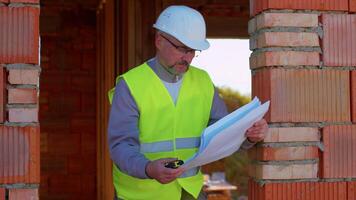Civil engineer architect specialist analyzes blueprints and dimensions at construction site. House on background. Developer builder in helmet and vest inspecting building. Real estate home project video