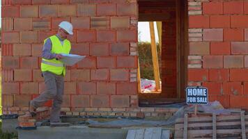 Confident engineer architect wearing a safety hardhat and vest working repairing on construction site of house. Business, real estate, investment. Foreman worker builder designer analyzes blueprints video