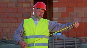 Builder engineer architect looking approvingly at camera showing thumbs up, like sign positive something good at construction site. Foreman worker at building house. Real estate, business, investment video