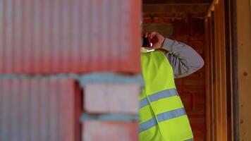 Engineer talking on phone. Architect using cell phone on construction site. Foreman phone call control process. Construction worker communications in construction industry. Building professional phone video